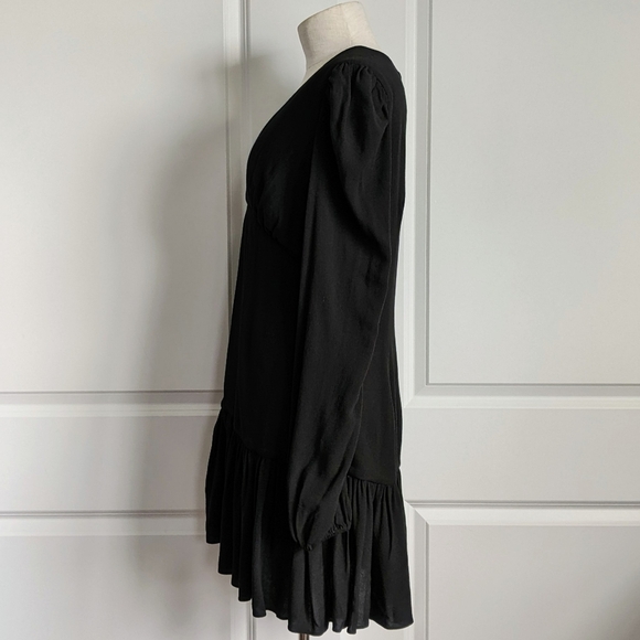 Helsi Mini Dress Puff Shoulder Long Sleeve Deep V-Neck Flounce Hem Black M NWT - Picture 9 of 13